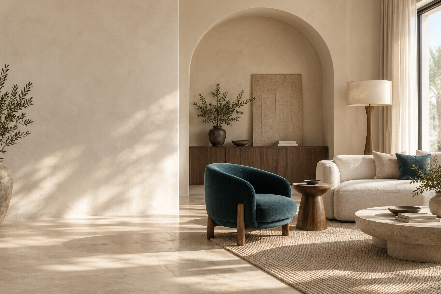 Original interior concept featuring warm stone, walnut and a teal lounge chair